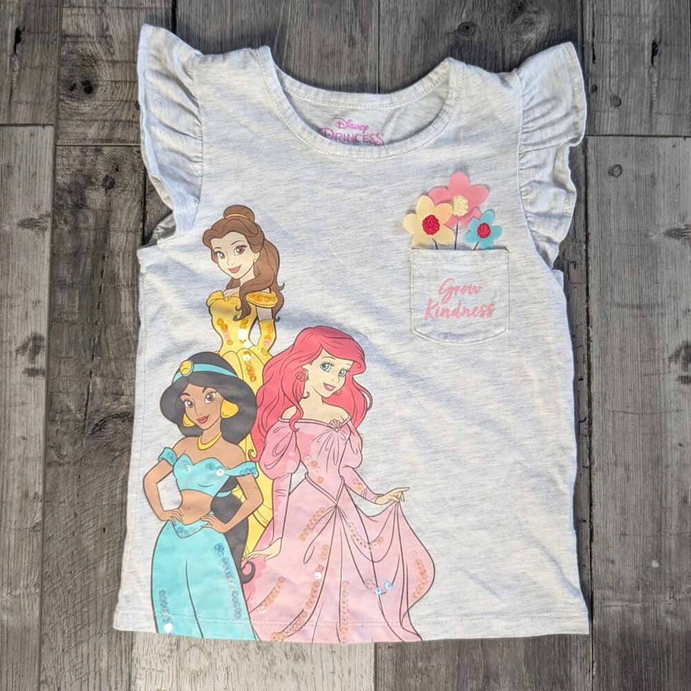 5️⃣ Disney Princess, Grey Ruffle Detail Tank Top, 3D Flowers, Sz 5T